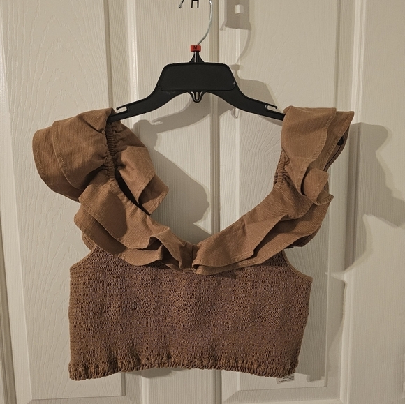 Anthropologie Maeve Women's Smocked Neck Brown Neutral Ruffle Cropped Top Sze 12 - Picture 2 of 5